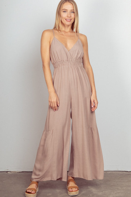 VERY J Sleeveless Ruched Wide-Leg Jumpsuit in Natural