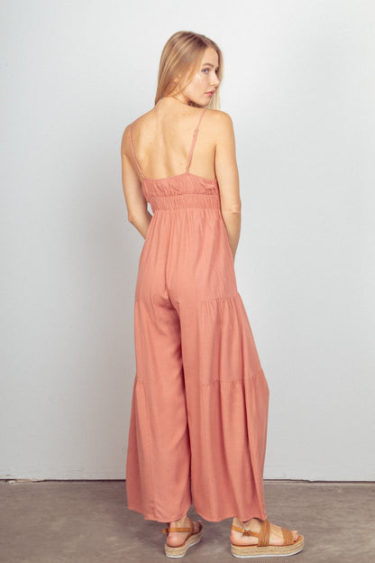 VERY J Sleeveless Ruched Wide-Leg Jumpsuit in Blush