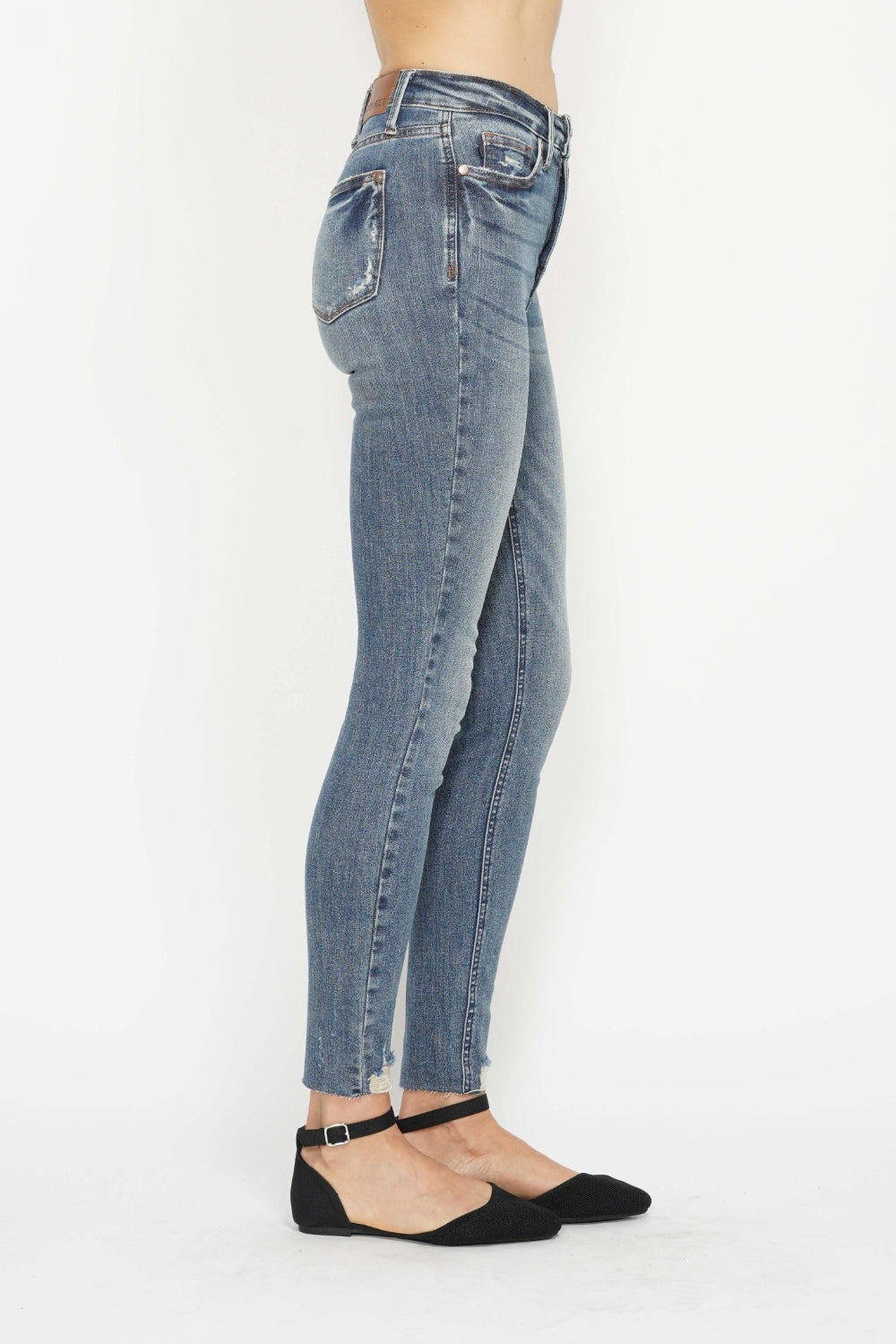 Judy Blue Tummy Control Vintage Wash and Destroyed Hem Skinny Jeans