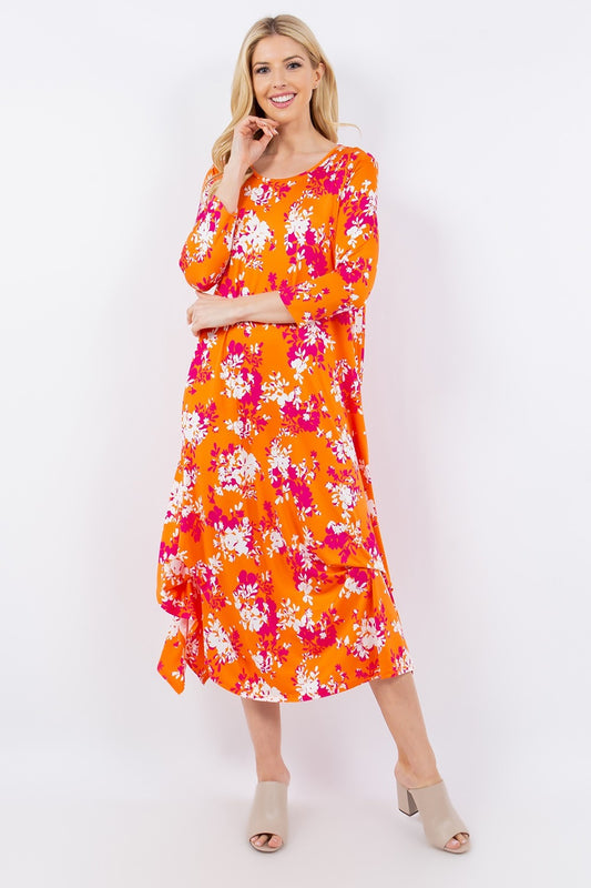 Celeste Pick-Up Hem Asymmetric Floral Midi Dress