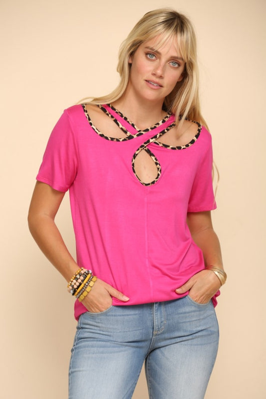 Celeste Crisscross Cutout Leopard Contrast Trim T-Shirt in Fuchsia