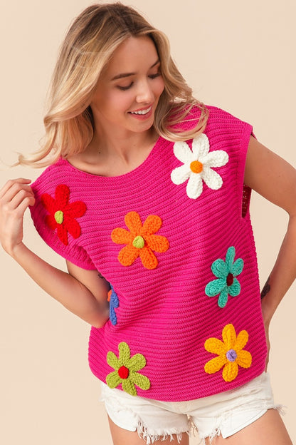 BiBi Flower Round Neck Cap Sleeve Knit Top in Fuchsia