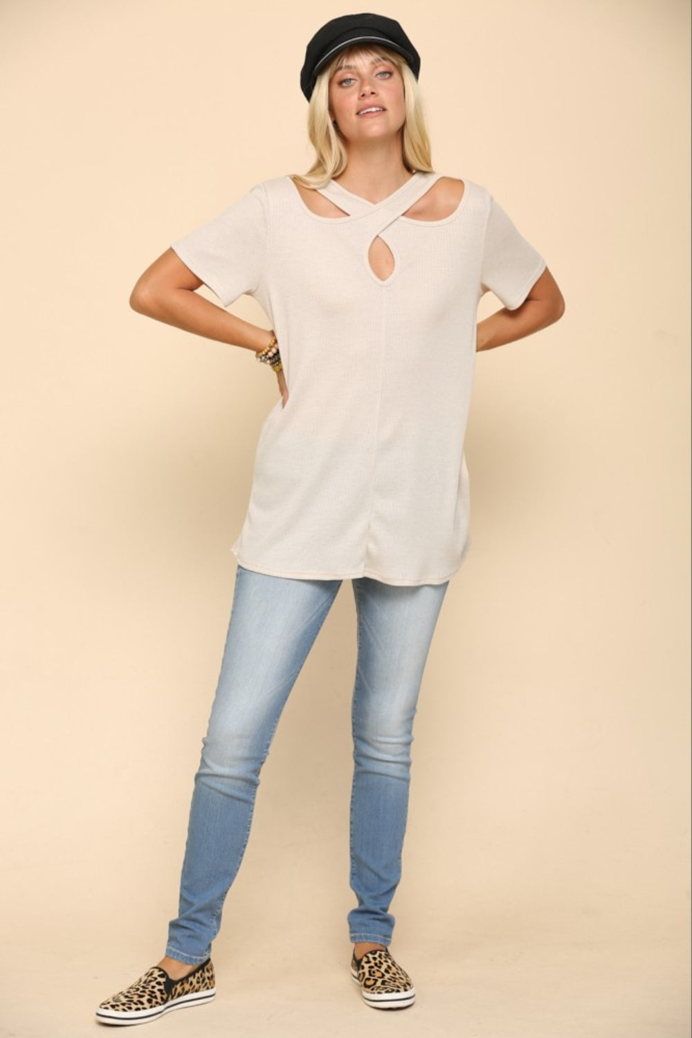 Celeste Crisscross Cutout Short Sleeve T-Shirt in Beige