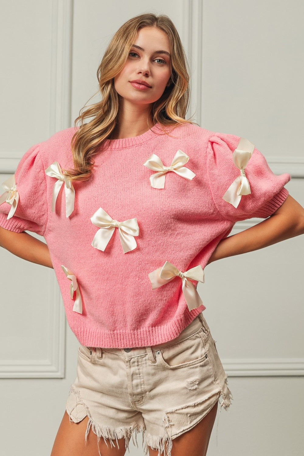 BiBi Ribbon Bow Detail Puff Sleeve Sweater in Pink