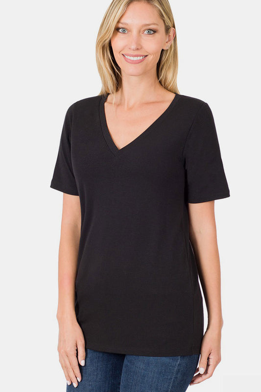 Zenana V-Neck Short Sleeve T-Shirt in Black