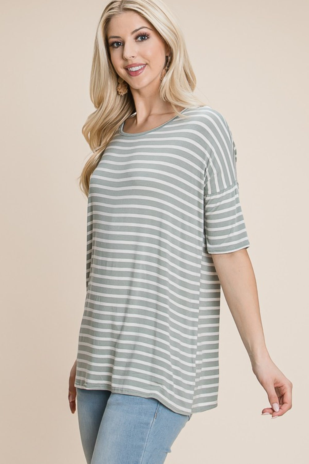 BOMBOM Striped Round Neck T-Shirt in Sage