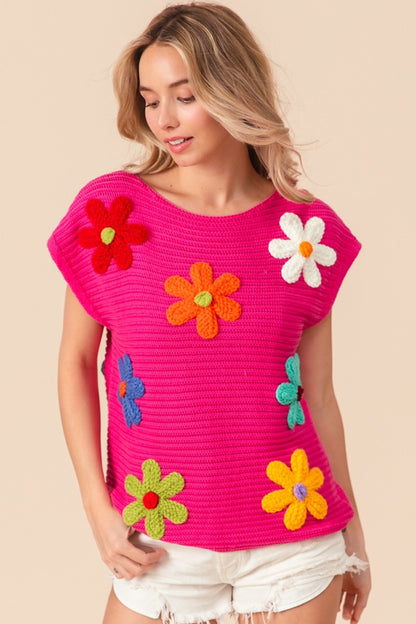 BiBi Flower Round Neck Cap Sleeve Knit Top in Fuchsia