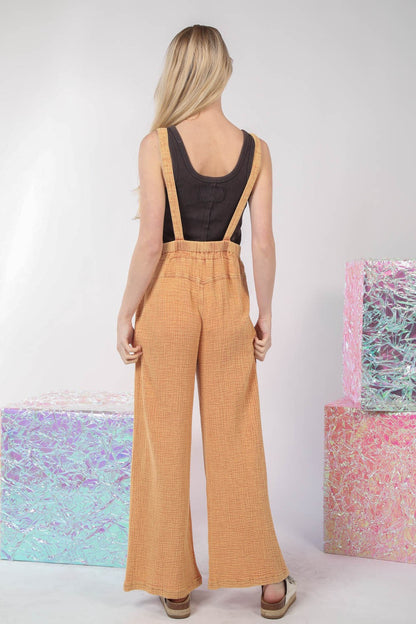 VERY J Texture Washed Wide Leg Overalls in Orange