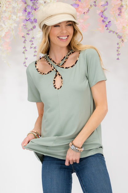 Celeste Crisscross Cutout Leopard Contrast Trim T-Shirt in Sage