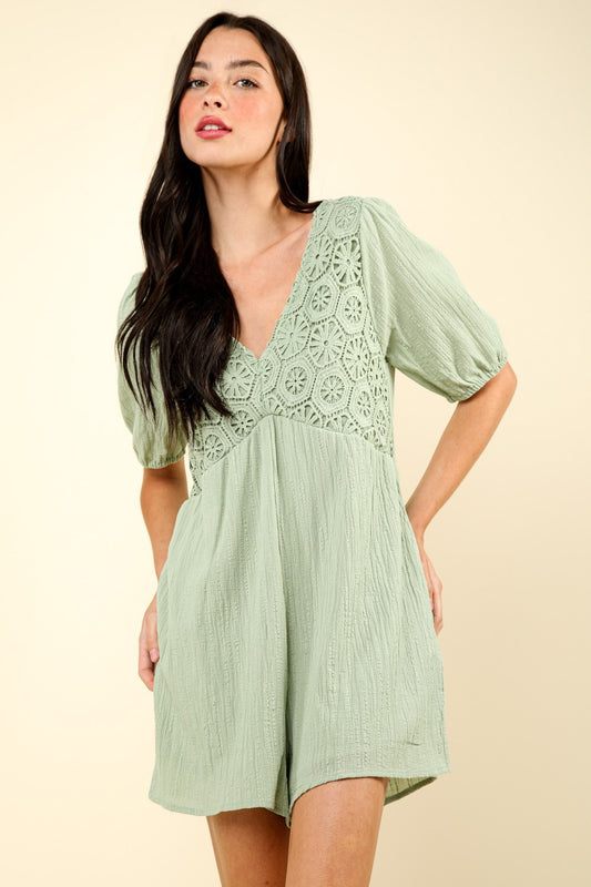 VERY J Lace Detail Puff Sleeve Romper with Pockets in Sage