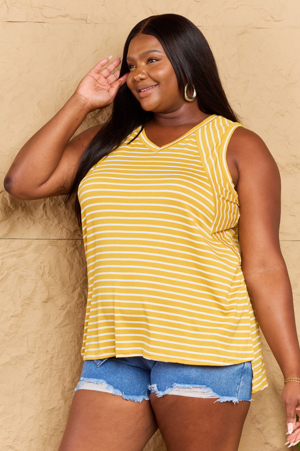 Doublju Talk To Me Striped Sleeveless V-Neck Top