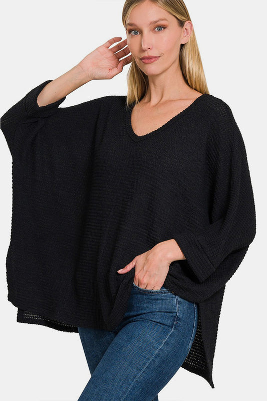 Zenana Full Size Waffle Knit V-Neck Long Sleeve Slit Top in Black