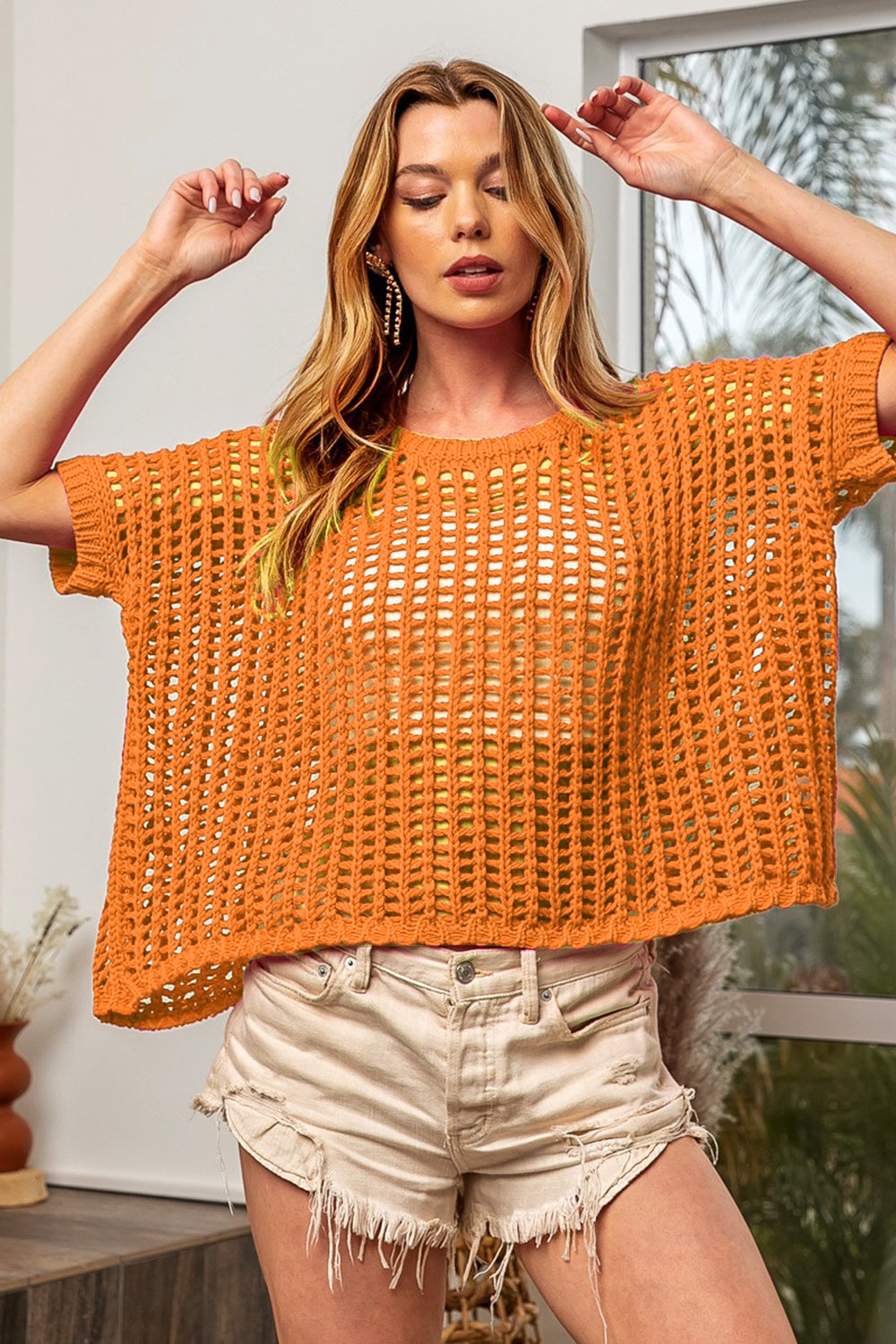 BiBi Hollowed Out Short Sleeve Knit Cover Up in Orange