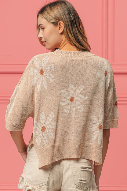 BiBi Floral Pattern Slit Sweater in Oatmeal