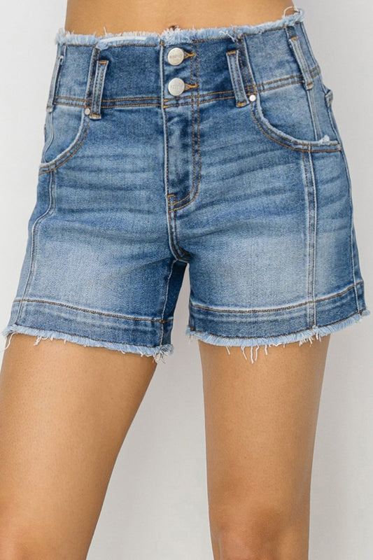 RISEN High-Rise Raw Edge Denim Shorts