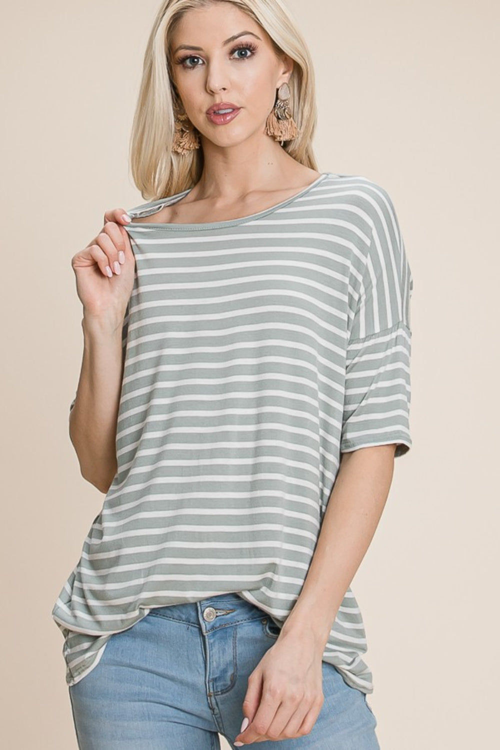 BOMBOM Striped Round Neck T-Shirt in Sage