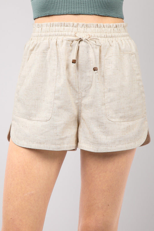 VERY J Drawstring Elastic Waist Linen Shorts in Oatmeal