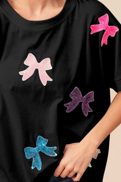 BiBi Sequin Bow Patch Short Sleeve T-Shirt in Black