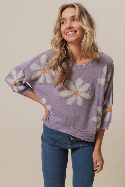 BiBi Floral Pattern Slit Sweater in Lavendar