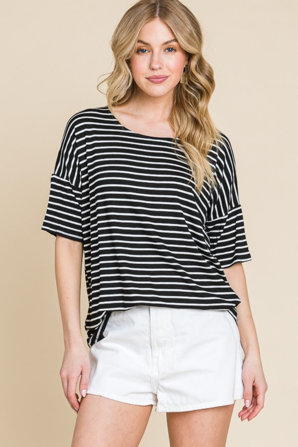 BOMBOM Striped Round Neck T-Shirt in Black