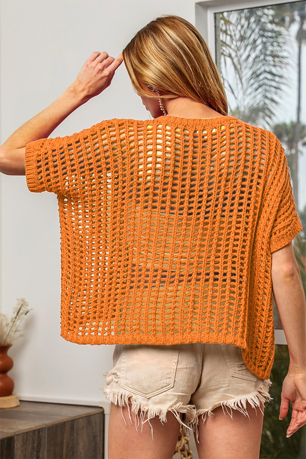 BiBi Hollowed Out Short Sleeve Knit Cover Up in Orange