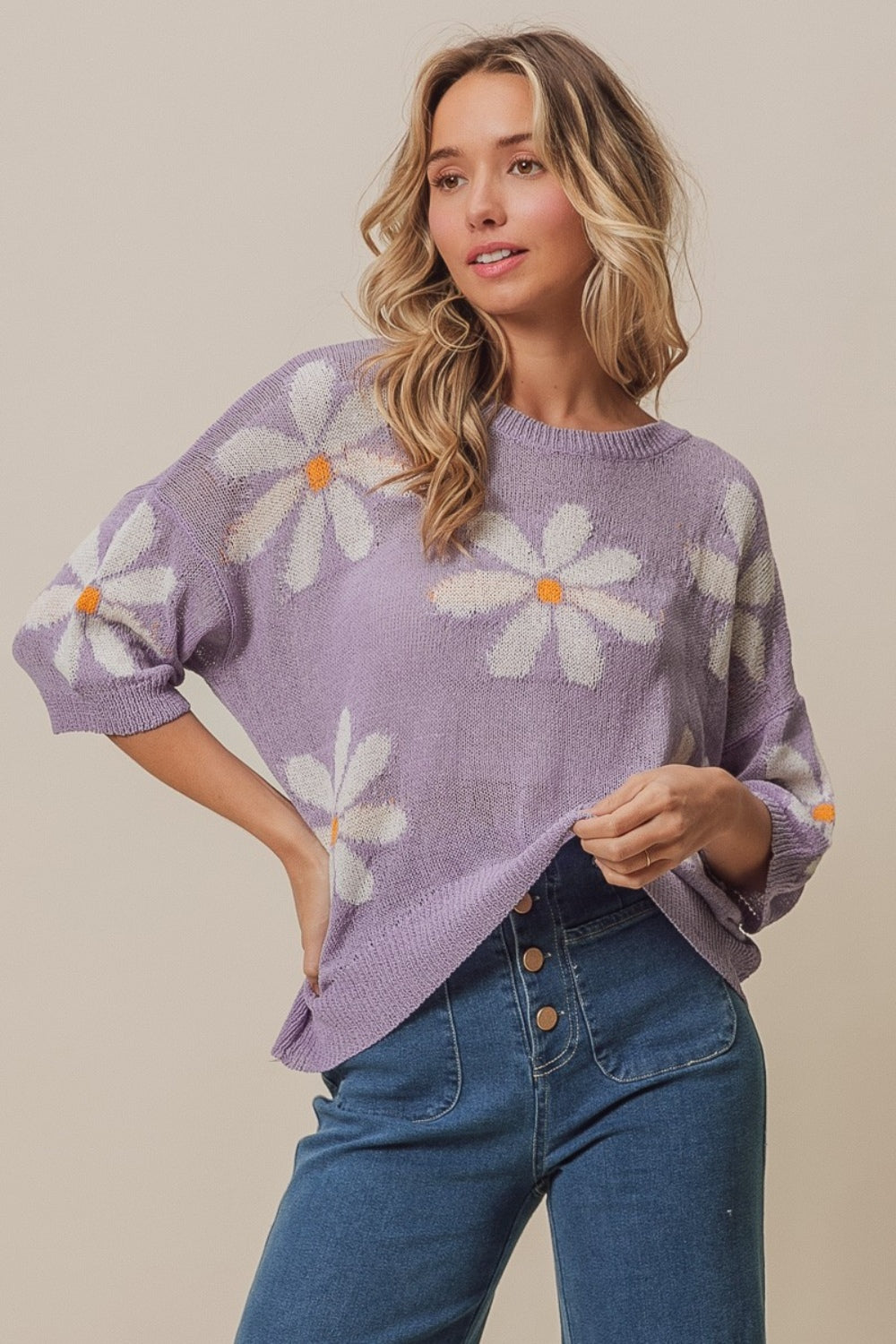 BiBi Floral Pattern Slit Sweater in Lavendar