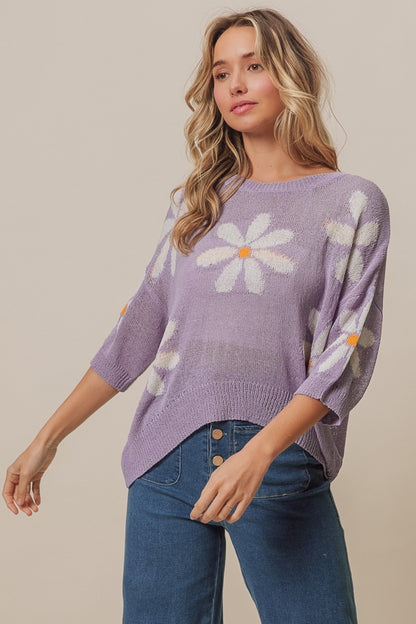 BiBi Floral Pattern Slit Sweater in Lavendar