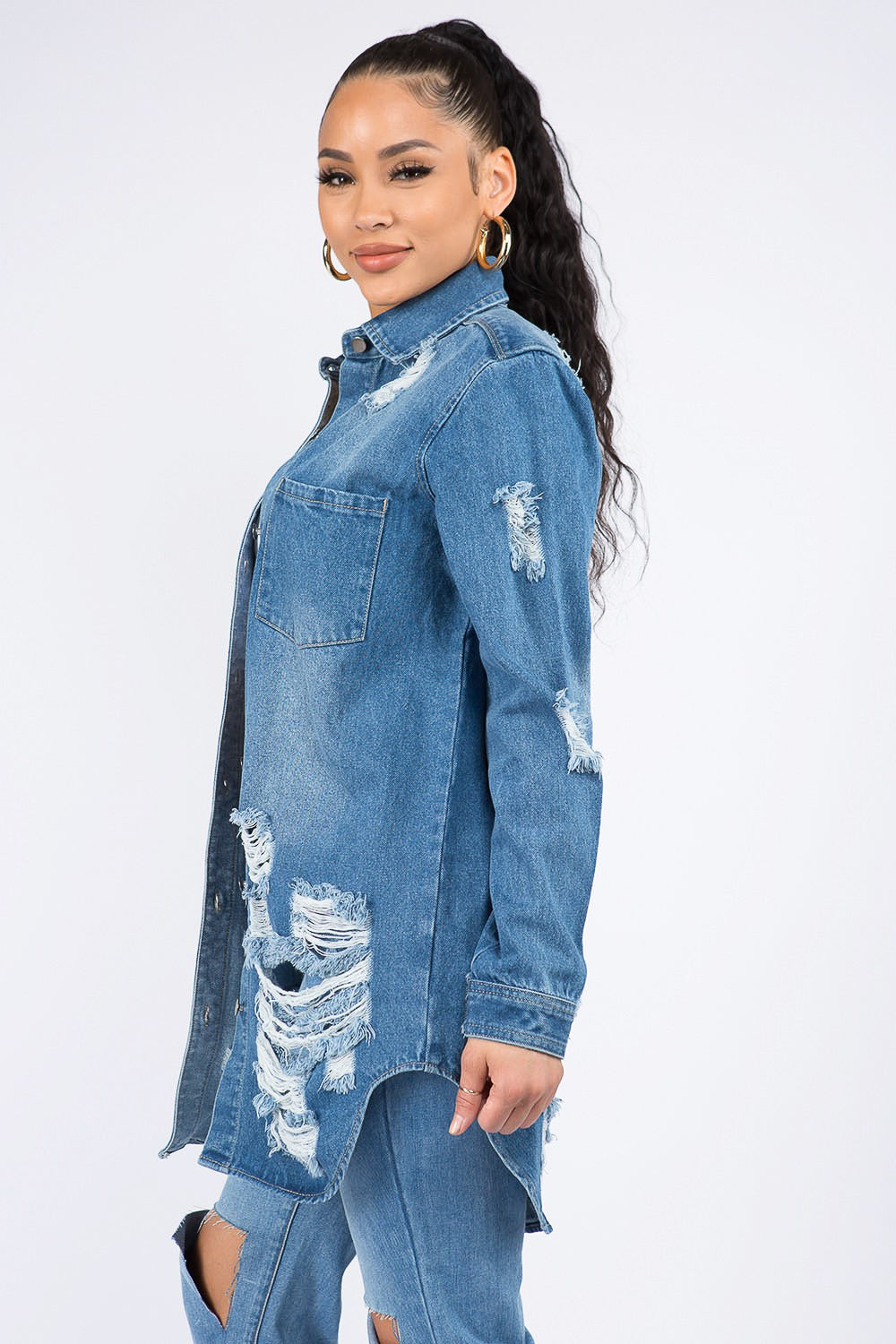 American Bazi Distressed Button-Down Denim Shirt Jacket