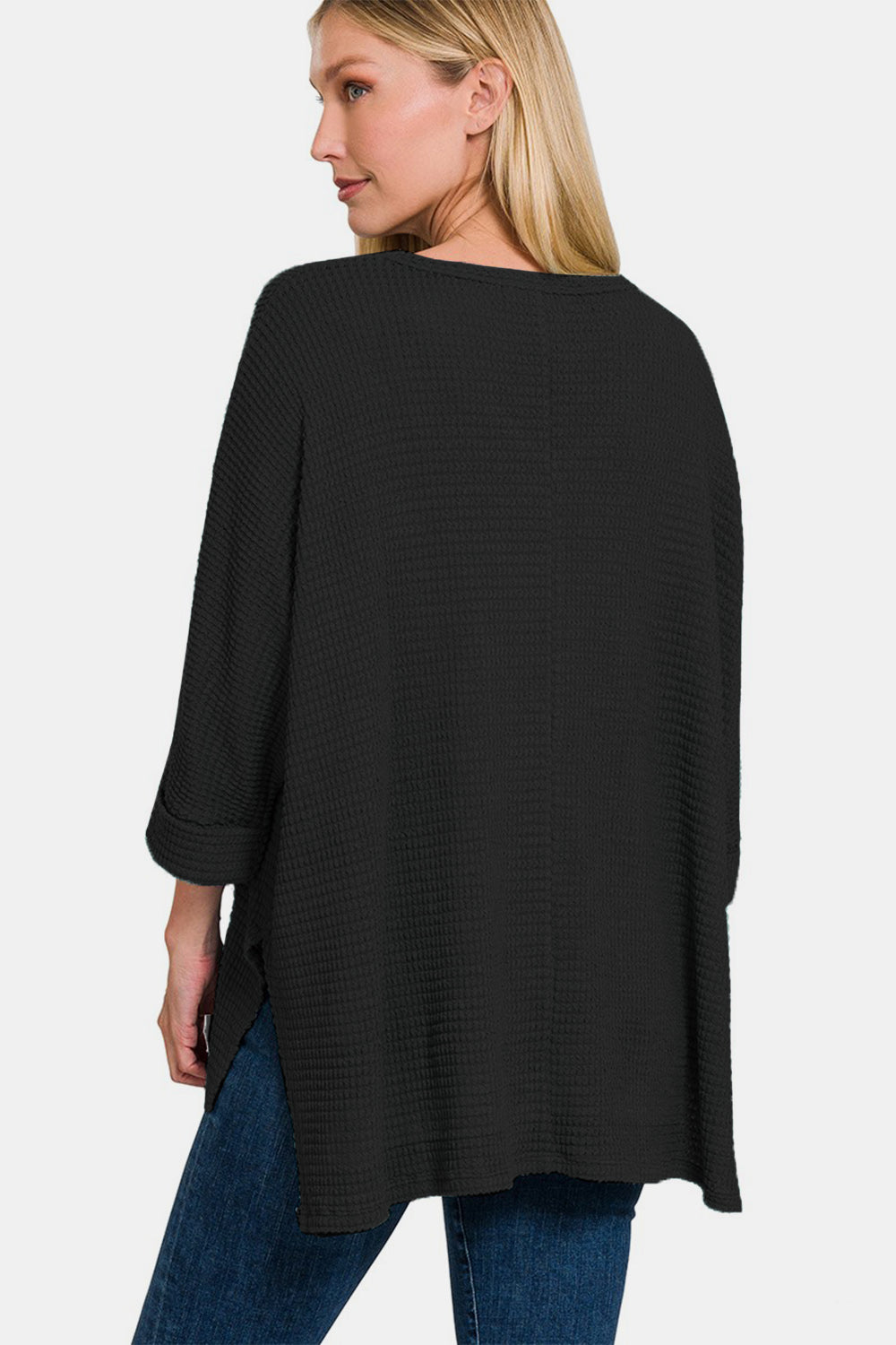 Zenana Full Size Waffle Knit V-Neck Long Sleeve Slit Top in Black