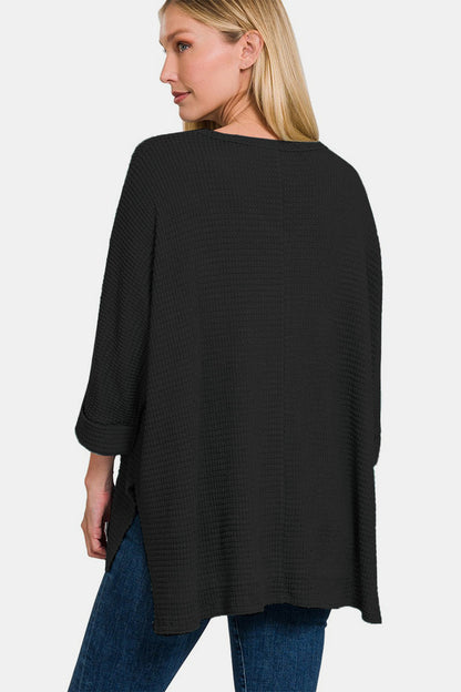 Zenana Full Size Waffle Knit V-Neck Long Sleeve Slit Top in Black