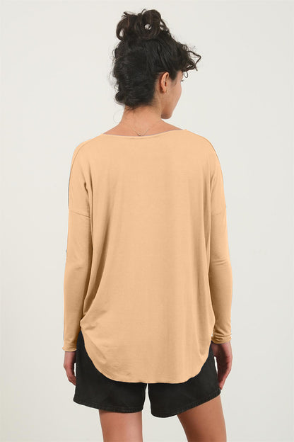 HYFVE Draped Drop Shoulder Long Sleeve Top in Taupe