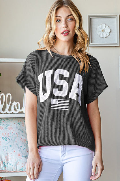 Heimish USA Graphic Short Sleeve Ribbed Top in Charcoal