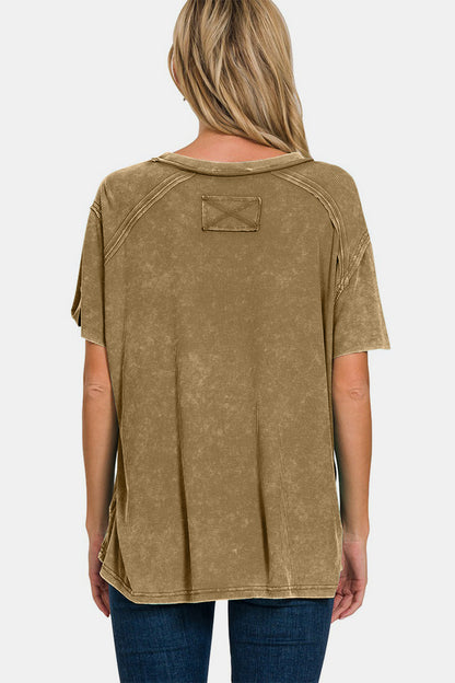 Zenana Washed Ribbed Short Sleeve Top in Mocha