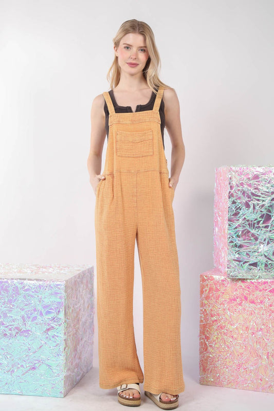 VERY J Texture Washed Wide Leg Overalls in Orange