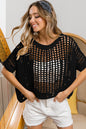 BiBi Hollowed Out Short Sleeve Knit Cover Up in Black