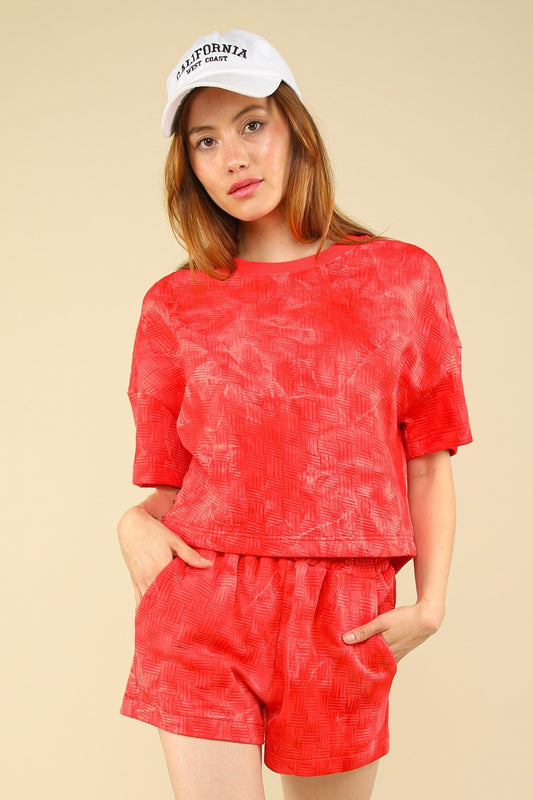 VERY J Quilted Washed Crop Top and Shorts Set in Scarlet