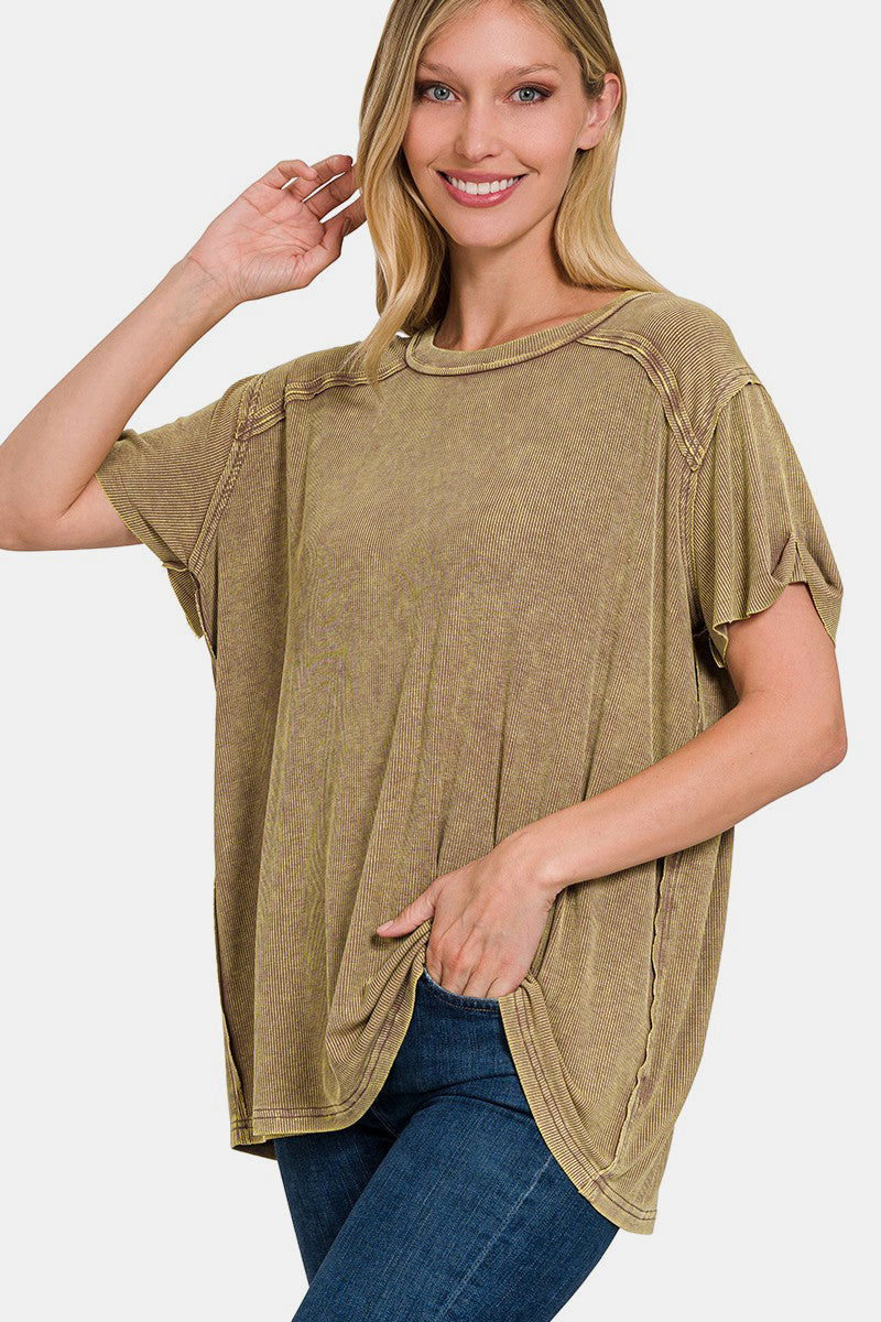 Zenana Washed Ribbed Short Sleeve Top in Mocha