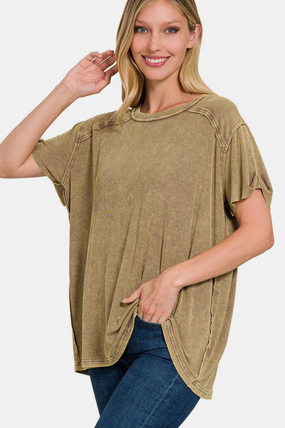 Zenana Washed Ribbed Short Sleeve Top in Mocha