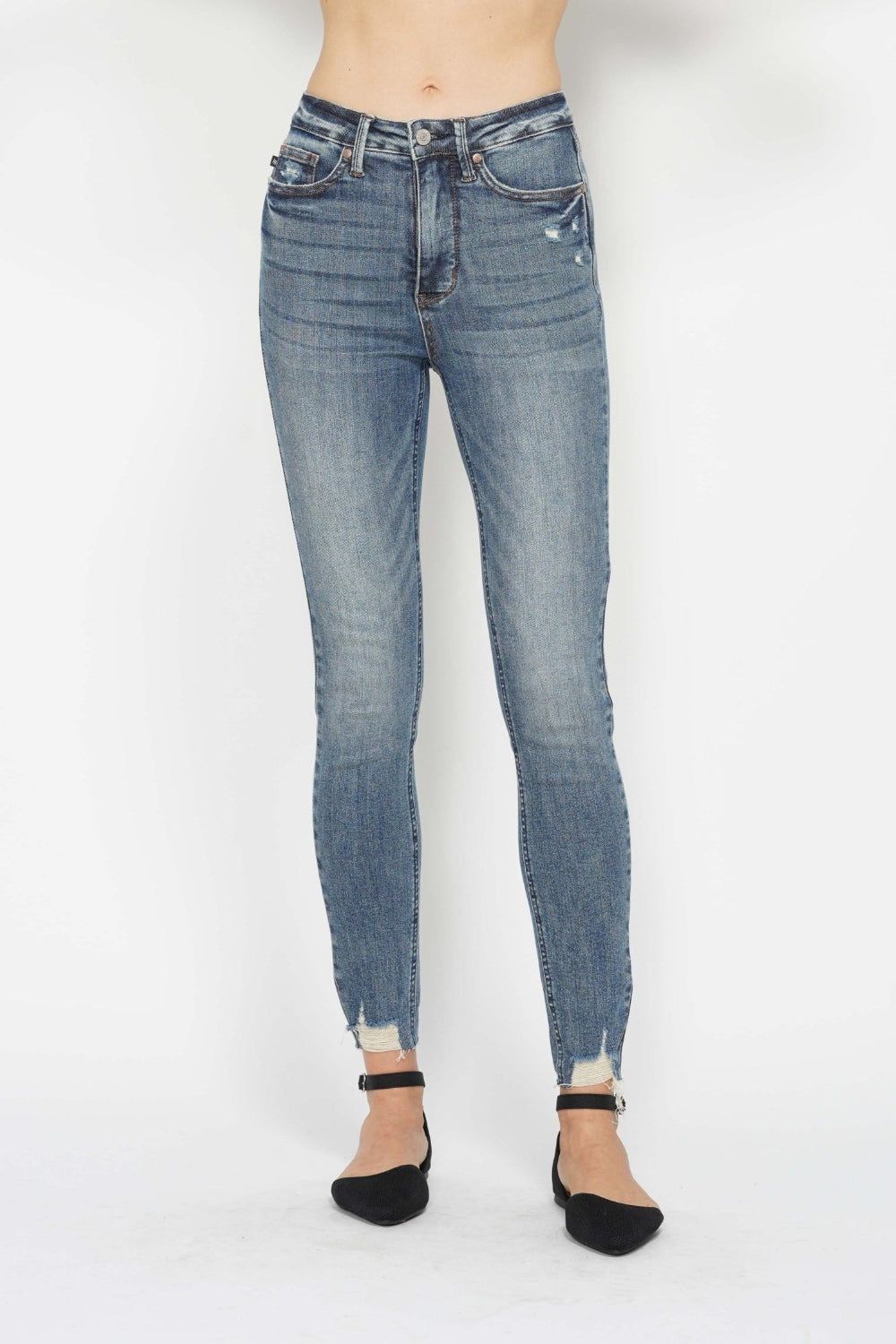 Judy Blue Tummy Control Vintage Wash and Destroyed Hem Skinny Jeans