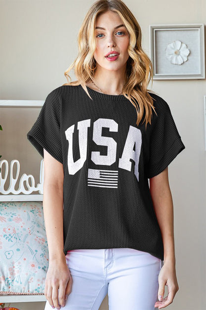 Heimish USA Graphic Short Sleeve Ribbed Top in Black