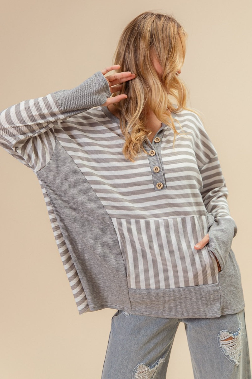 BiBi Striped Thumbhole Long Sleeve Top