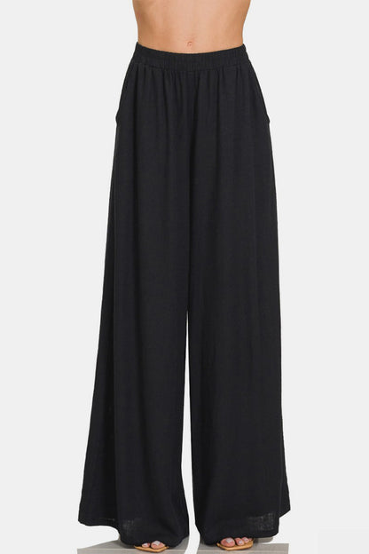 Zenana Pleated Linen Blend Wide Leg Pants