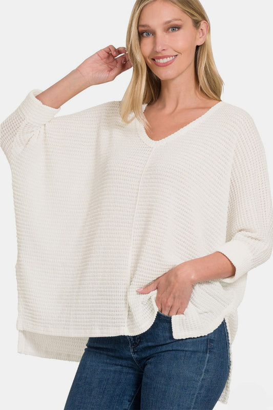 Zenana Round Neck High-Low Slit Knit Top in Off White