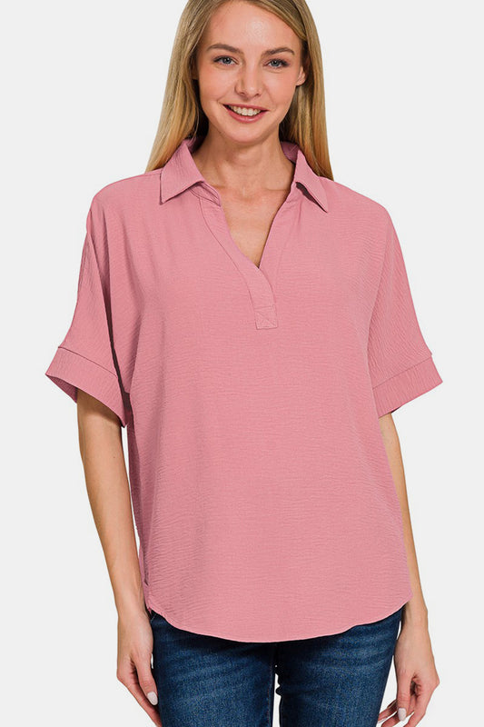 Zenana Texture Collared Neck Short Sleeve Top in Rose