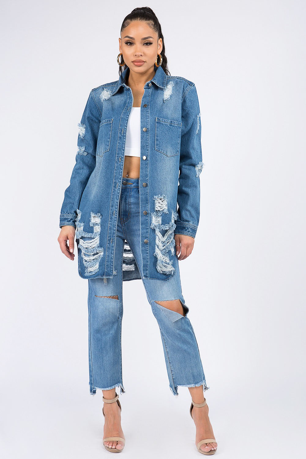 American Bazi Distressed Button-Down Denim Shirt Jacket