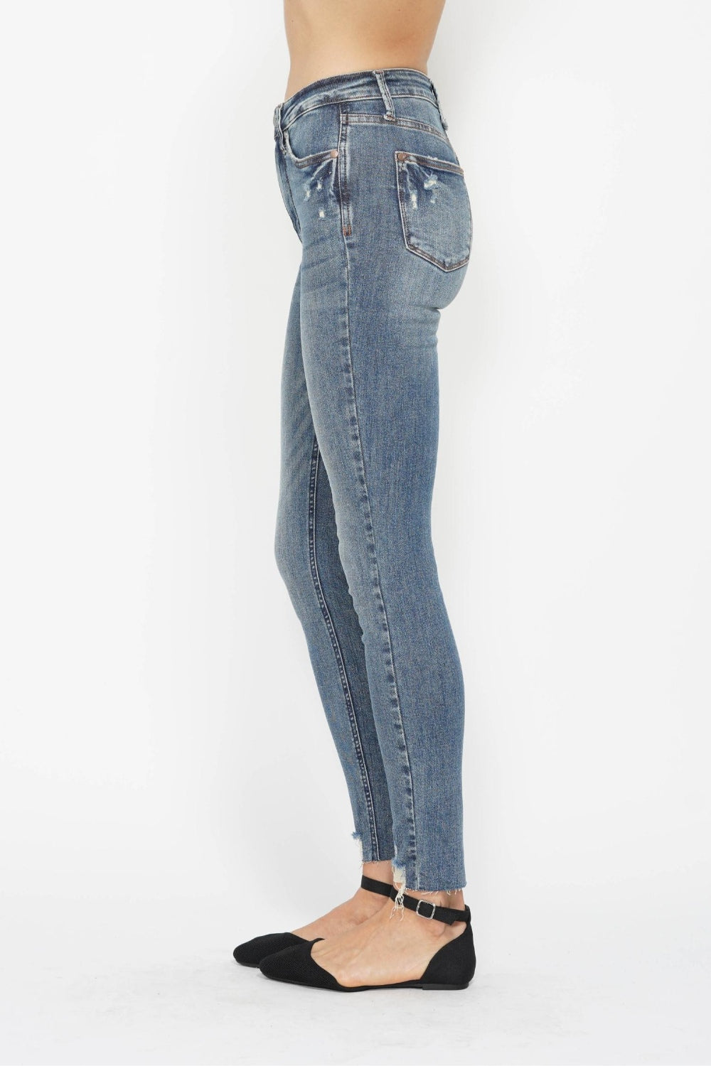 Judy Blue Tummy Control Vintage Wash and Destroyed Hem Skinny Jeans