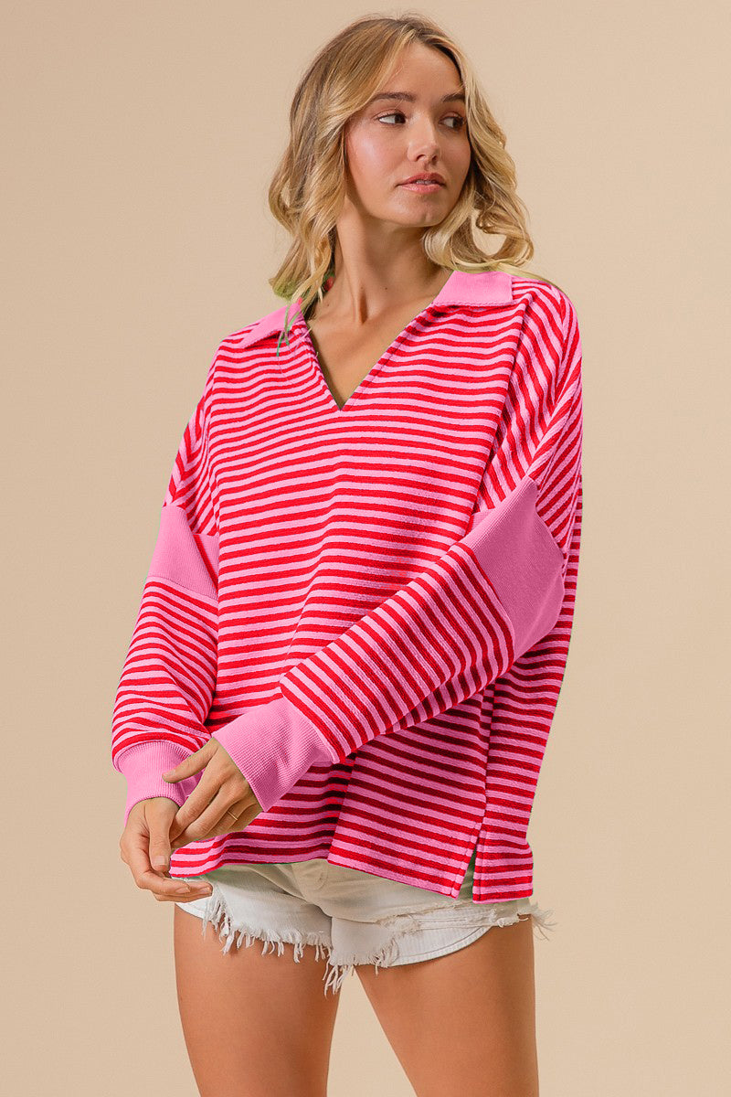 BiBi Striped Contrast Long Sleeve Knit Top in Pink