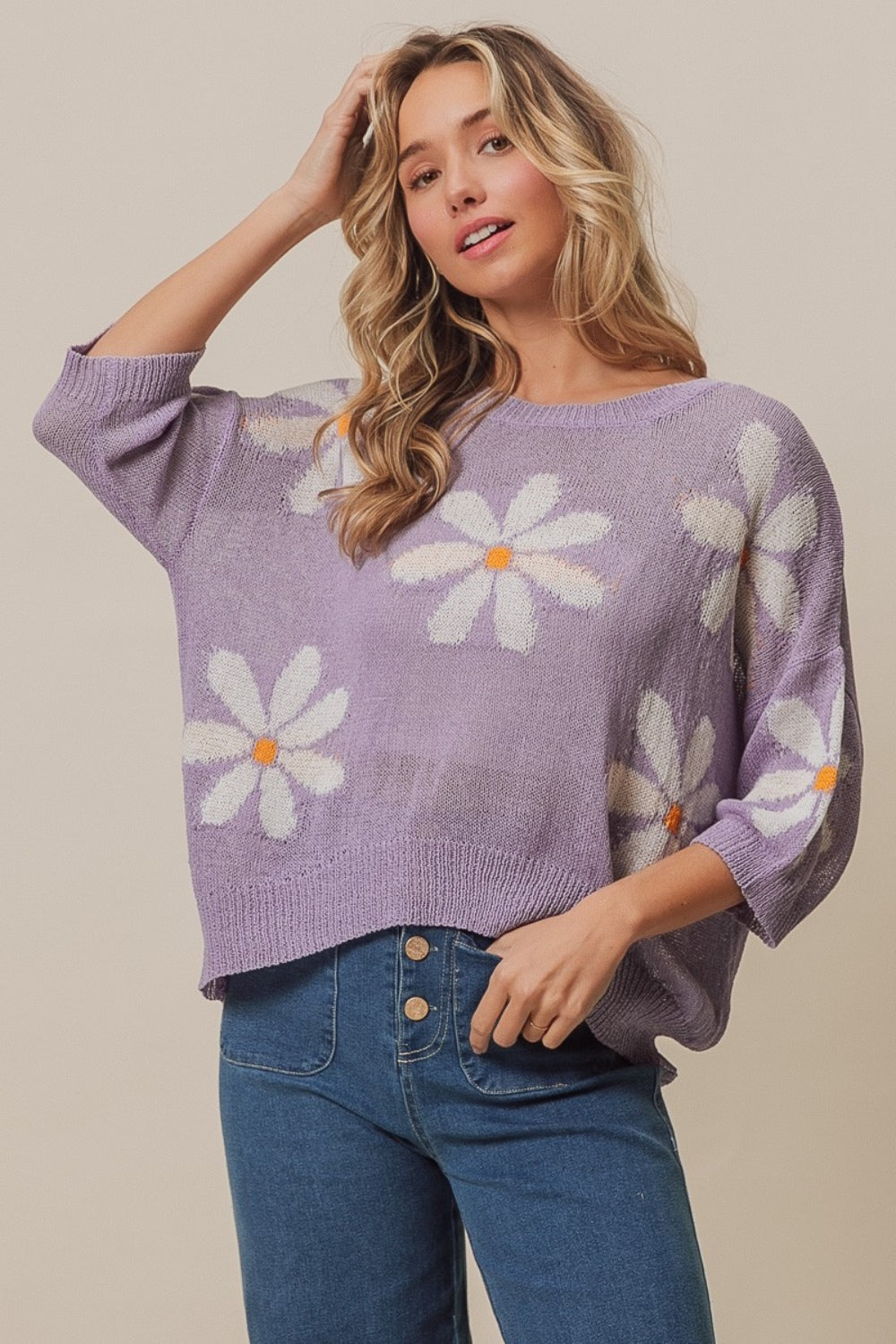 BiBi Floral Pattern Slit Sweater in Lavendar