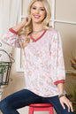 Celeste Leaf Print Contrast Trim Balloon Sleeve Top