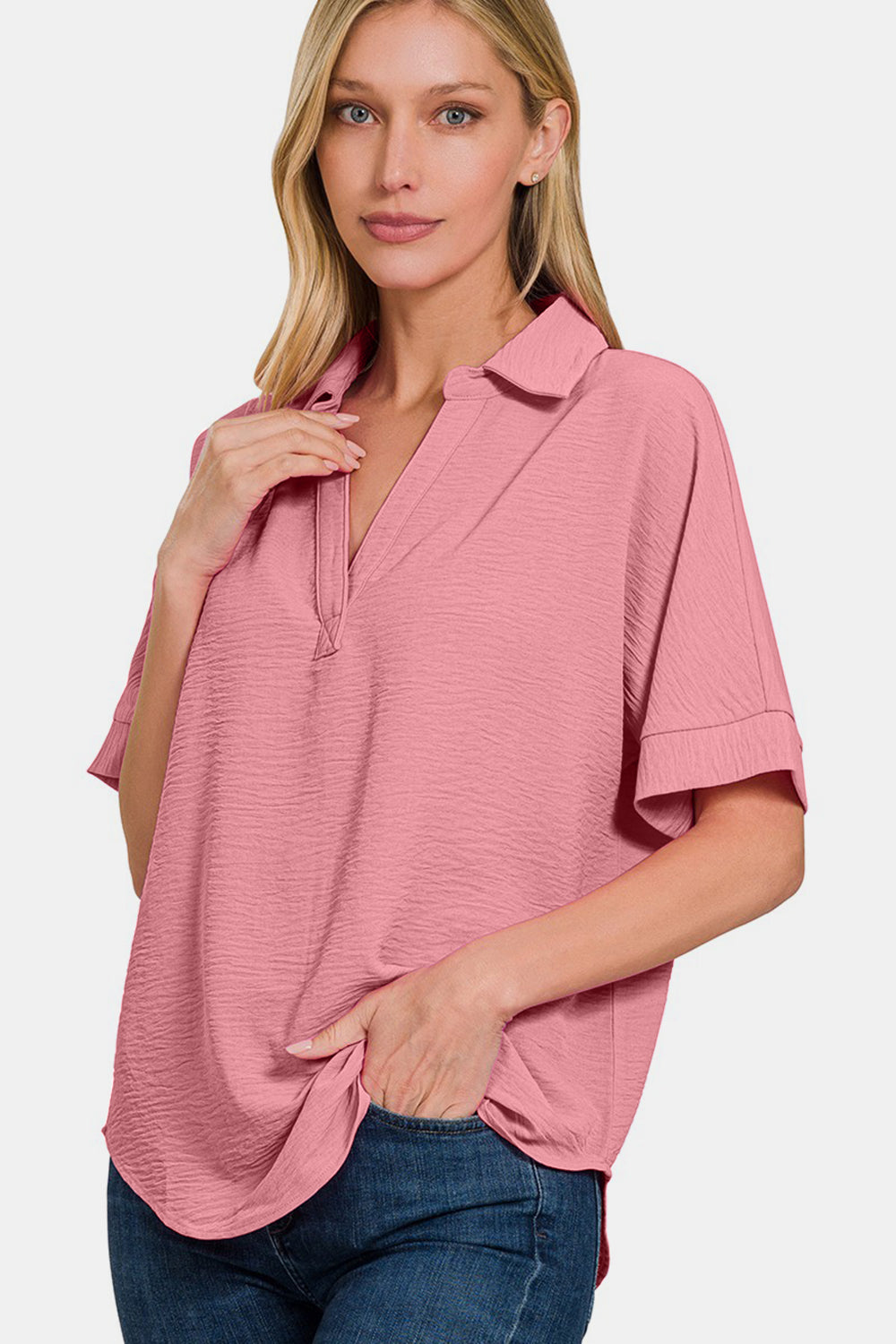 Zenana Texture Collared Neck Short Sleeve Top in Rose